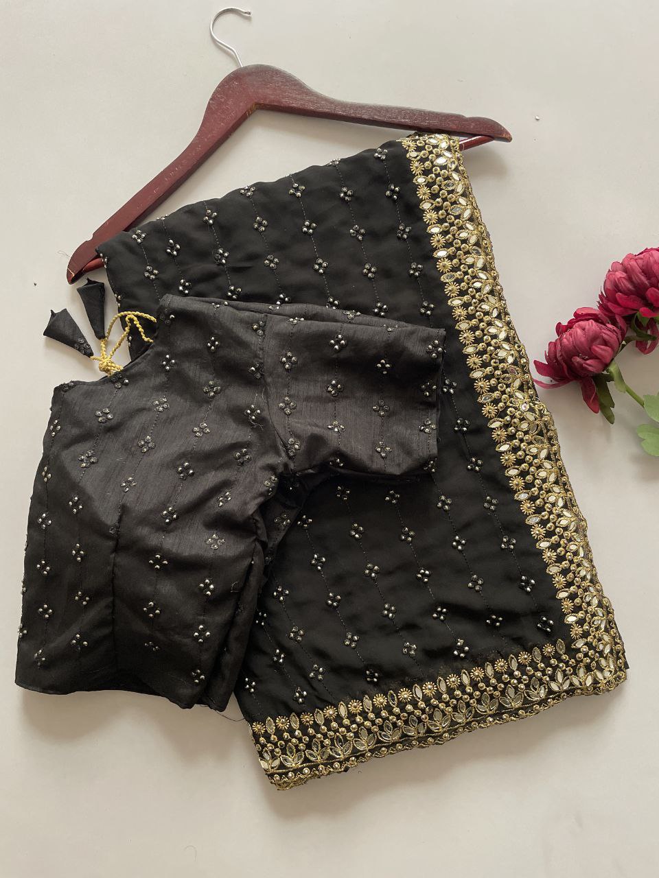 Heavy Quality Faux Georgette Saree with Jari Embroidery & LCD Diamond Mirror Border | 4.4 Mtr Work | Banglori Silk Blouse with Heavy Embroidery & LCD Diamond (Unstitched)