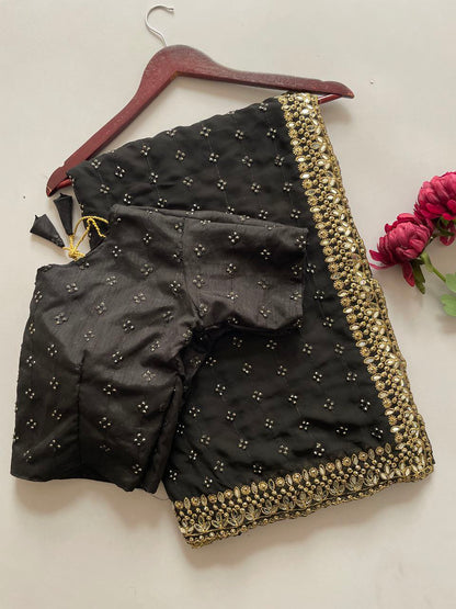 Heavy Quality Faux Georgette Saree with Jari Embroidery & LCD Diamond Mirror Border | 4.4 Mtr Work | Banglori Silk Blouse with Heavy Embroidery & LCD Diamond (Unstitched)