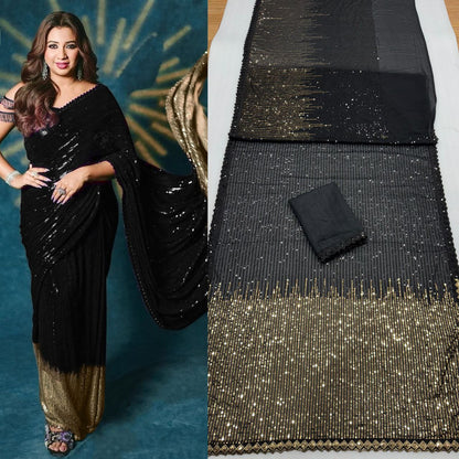 Women’s 60 GSM Georgette Saree with Heavy 5MM & 3MM Dual Sequin Embroidery | Cutwork Lace Border | 4.4M Work Done | Silk Blouse | Party & Festive Wear