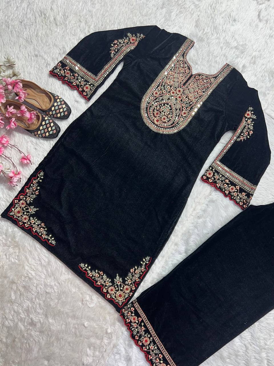 Designer Heavy Viscose Velvet Suit Set with Full Embroidery & Sequins Work Fully Stitched Top and Pant for Women Party & Wedding Wear