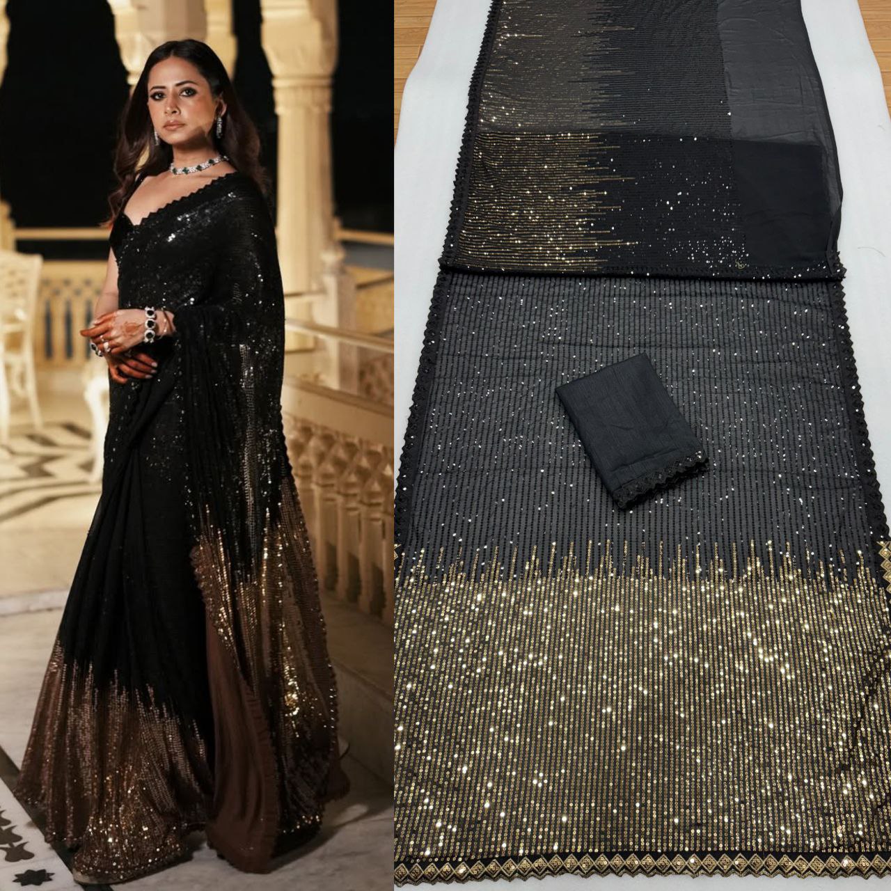 Women’s Georgette Saree with Heavy Dual Sequin Embroidery | Silk Blouse | Cutwork Lace Border | 4.4M Work Done