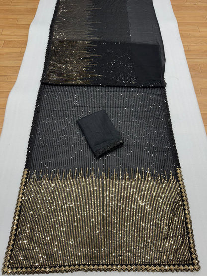 Women’s Georgette Saree with Heavy Dual Sequin Embroidery | Silk Blouse | Cutwork Lace Border | 4.4M Work Done