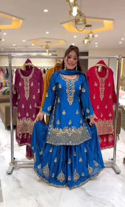 Women’s Heavy Chinon Silk Sharara Set with Dupatta | Sequence Embroidery Work | Fully Stitched Top and Palazzo | Party & Festive Wear