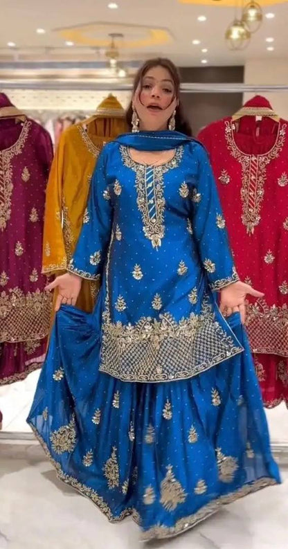 Women’s Heavy Chinon Silk Sharara Set with Dupatta | Sequence Embroidery Work | Fully Stitched Top and Palazzo | Party & Festive Wear
