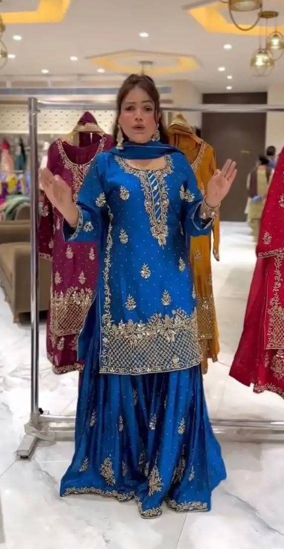 Women’s Heavy Chinon Silk Sharara Set with Dupatta | Sequence Embroidery Work | Fully Stitched Top and Palazzo | Party & Festive Wear