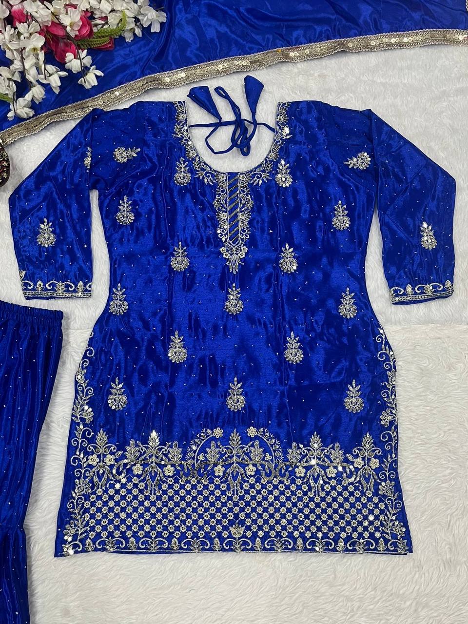 Women’s Heavy Chinon Silk Sharara Set with Dupatta | Sequence Embroidery Work | Fully Stitched Top and Palazzo | Party & Festive Wear