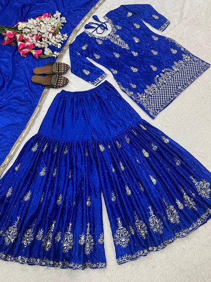 Women’s Heavy Chinon Silk Sharara Set with Dupatta | Sequence Embroidery Work | Fully Stitched Top and Palazzo | Party & Festive Wear