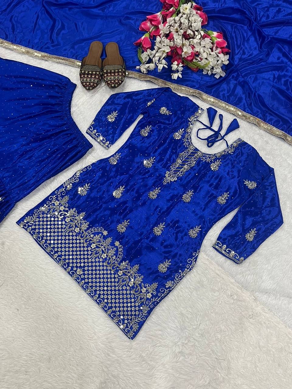 Women’s Heavy Chinon Silk Sharara Set with Dupatta | Sequence Embroidery Work | Fully Stitched Top and Palazzo | Party & Festive Wear