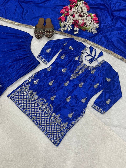 Women’s Heavy Chinon Silk Sharara Set with Dupatta | Sequence Embroidery Work | Fully Stitched Top and Palazzo | Party & Festive Wear