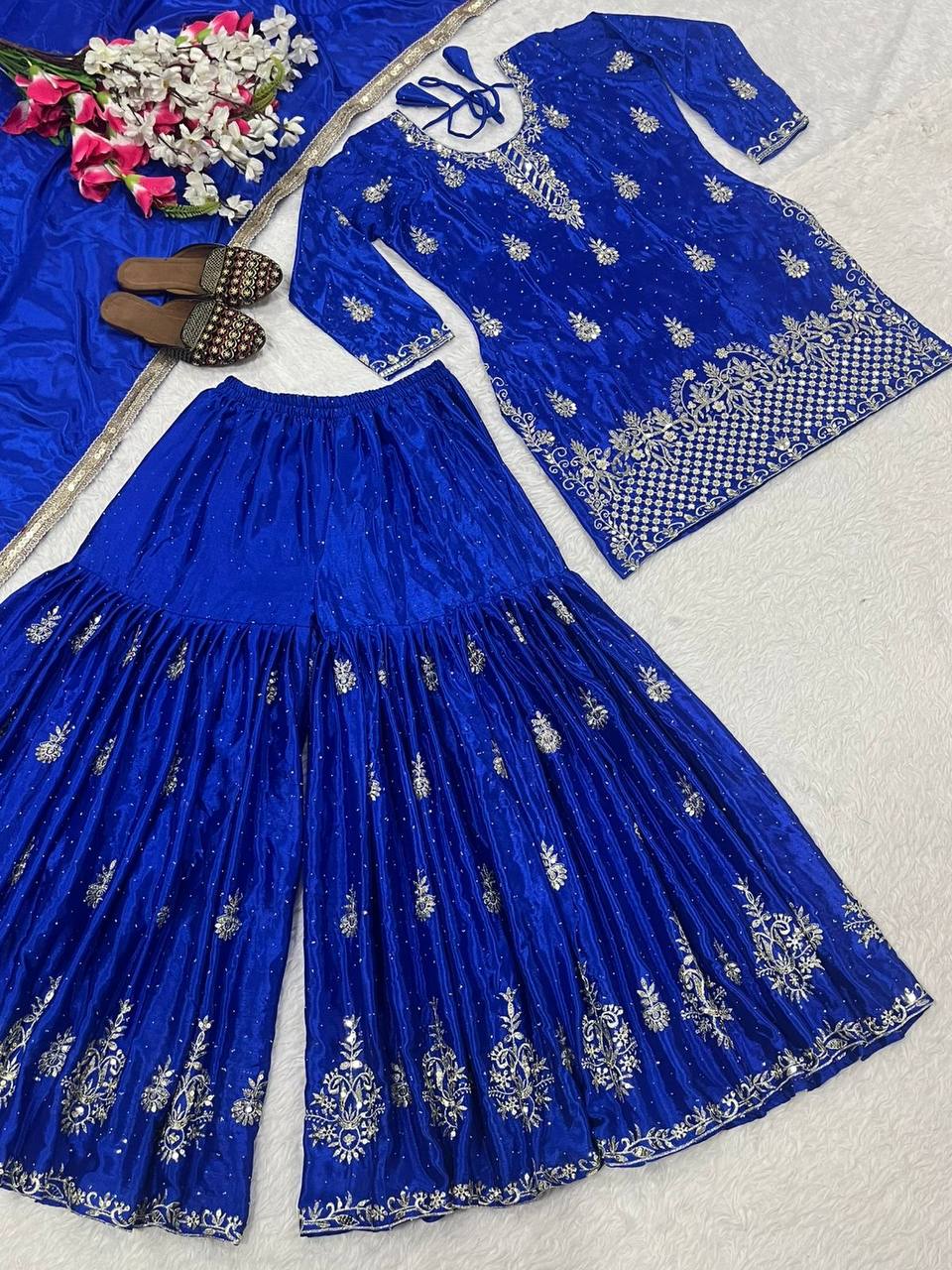 Women’s Heavy Chinon Silk Sharara Set with Dupatta | Sequence Embroidery Work | Fully Stitched Top and Palazzo | Party & Festive Wear