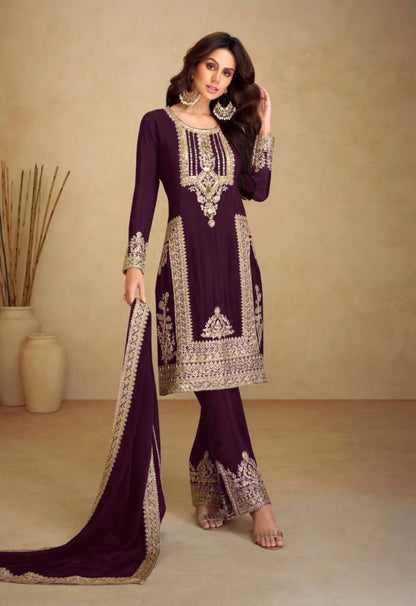 Kurti Pant 3 pcs Pair Embroidered Attractive Party Wear Chinon Silk Fabric Kurti Pair has a Regular-fit