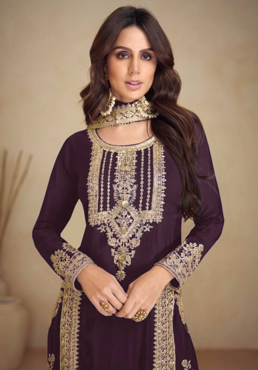 Kurti Pant 3 pcs Pair Embroidered Attractive Party Wear Chinon Silk Fabric Kurti Pair has a Regular-fit