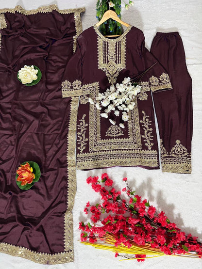 Kurti Pant 3 pcs Pair Embroidered Attractive Party Wear Chinon Silk Fabric Kurti Pair has a Regular-fit