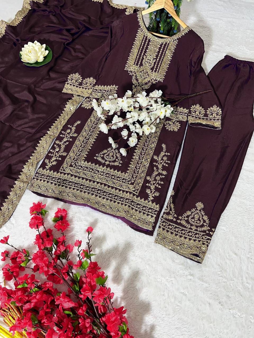 Kurti Pant 3 pcs Pair Embroidered Attractive Party Wear Chinon Silk Fabric Kurti Pair has a Regular-fit