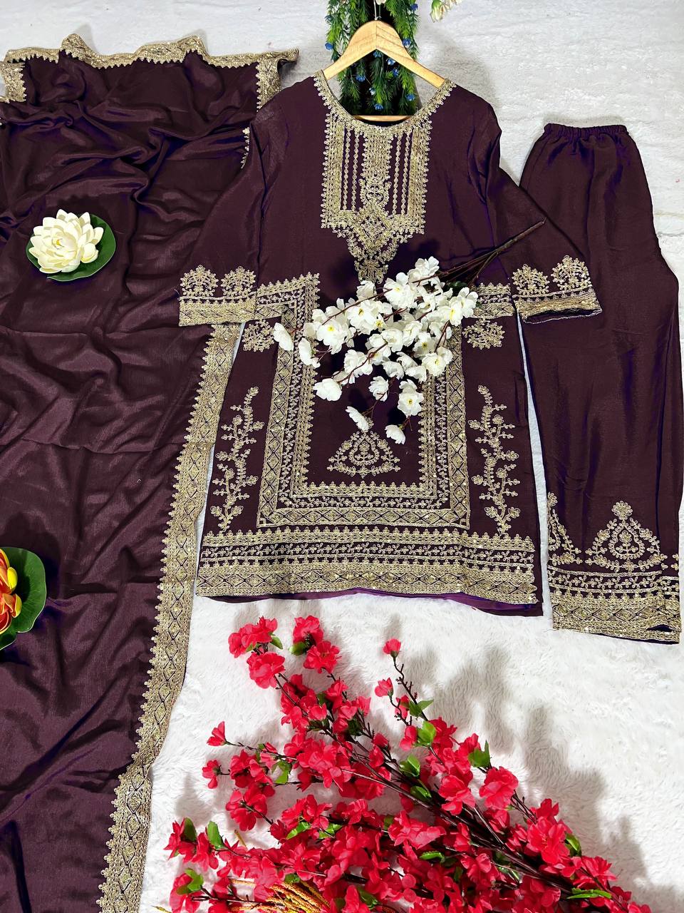 Kurti Pant 3 pcs Pair Embroidered Attractive Party Wear Chinon Silk Fabric Kurti Pair has a Regular-fit