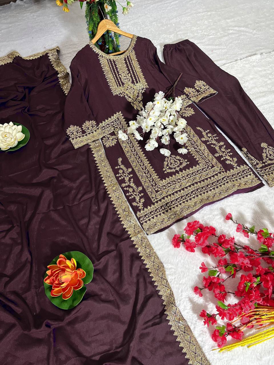 Kurti Pant 3 pcs Pair Embroidered Attractive Party Wear Chinon Silk Fabric Kurti Pair has a Regular-fit