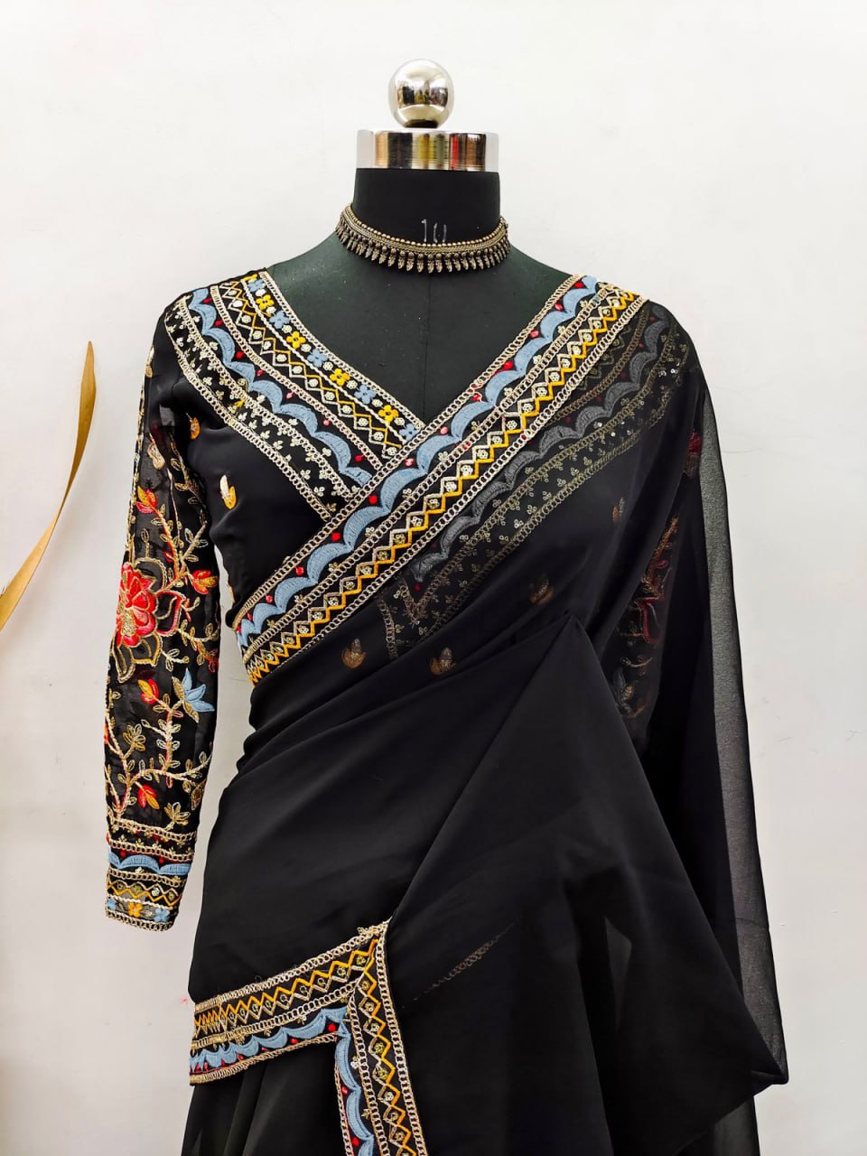 Black Georgette Stone Work Border Saree Blouse For Function Wear for women