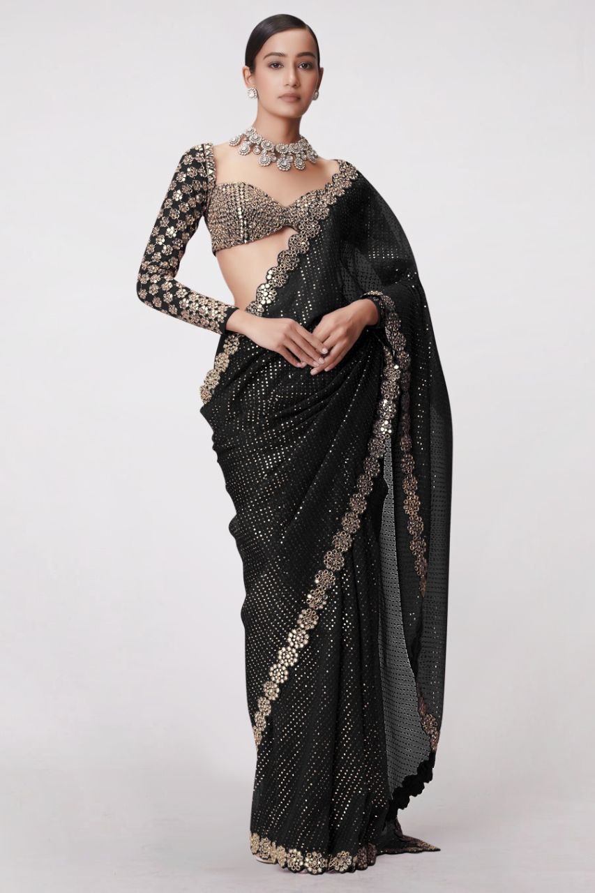 Heavy Faux Georgette Saree with Sequin Work, Mirror Lace Border & Embroidered Blouse