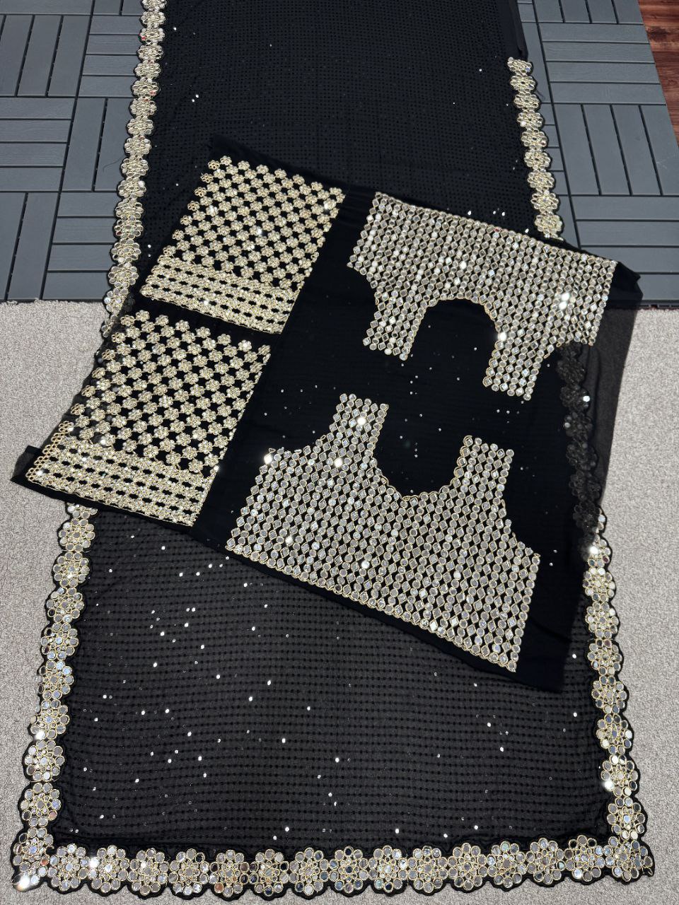 Heavy Faux Georgette Saree with Sequin Work, Mirror Lace Border & Embroidered Blouse