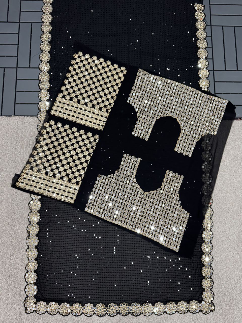 Heavy Faux Georgette Saree with Sequin Work, Mirror Lace Border & Embroidered Blouse