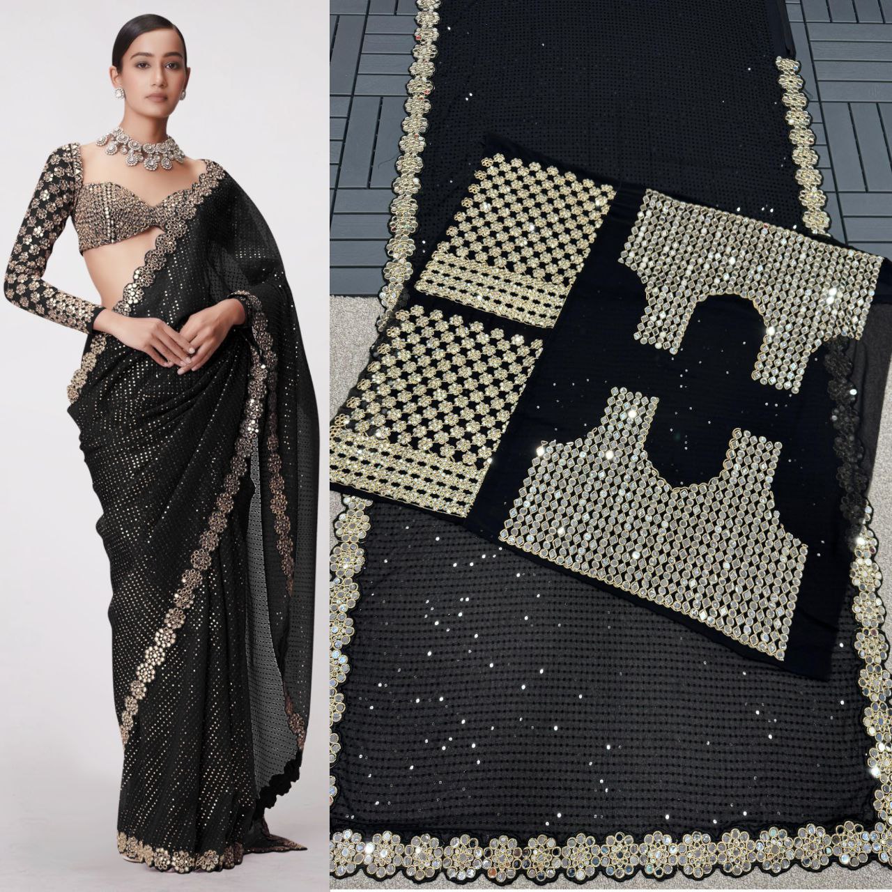Heavy Faux Georgette Saree with Sequin Work, Mirror Lace Border & Embroidered Blouse