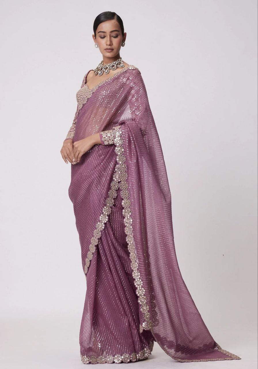 Heavy Faux Georgette Saree with Sequin Work, Mirror Lace Border & Embroidered Blouse