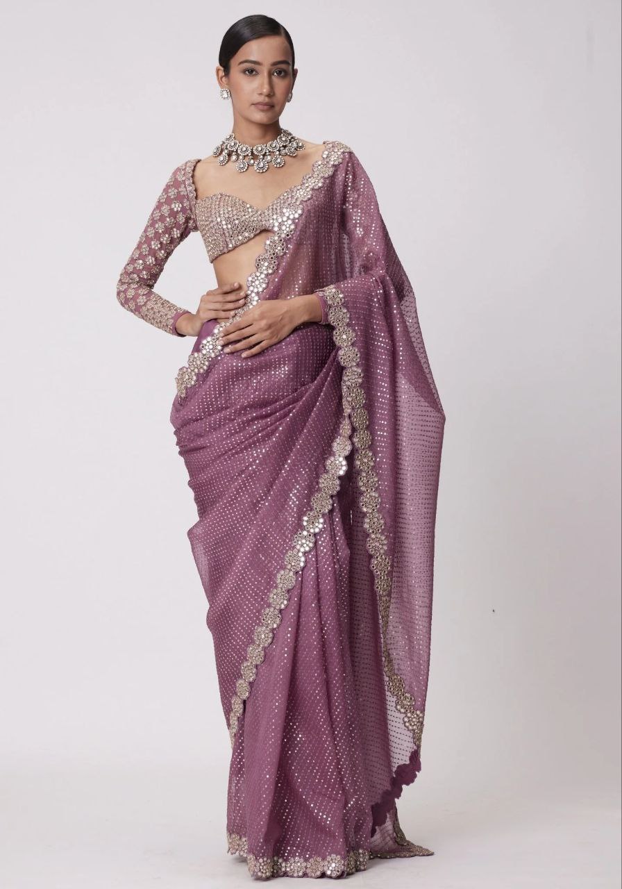 Heavy Faux Georgette Saree with Sequin Work, Mirror Lace Border & Embroidered Blouse
