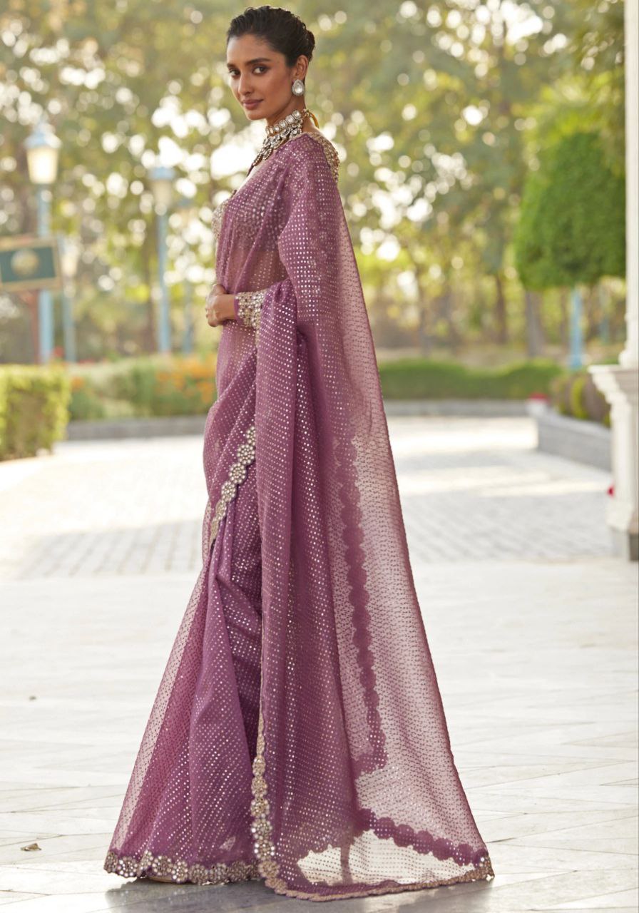 Heavy Faux Georgette Saree with Sequin Work, Mirror Lace Border & Embroidered Blouse