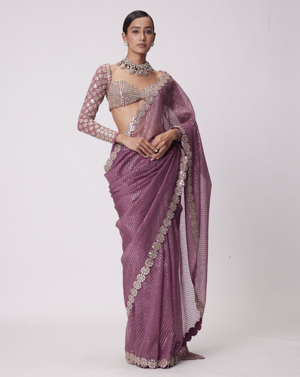 Heavy Faux Georgette Saree with Sequin Work, Mirror Lace Border & Embroidered Blouse