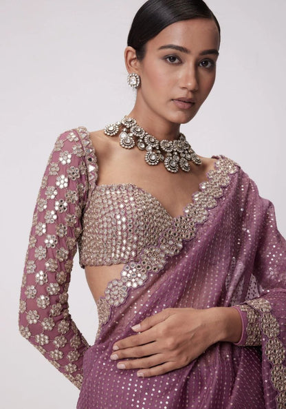 Heavy Faux Georgette Saree with Sequin Work, Mirror Lace Border & Embroidered Blouse