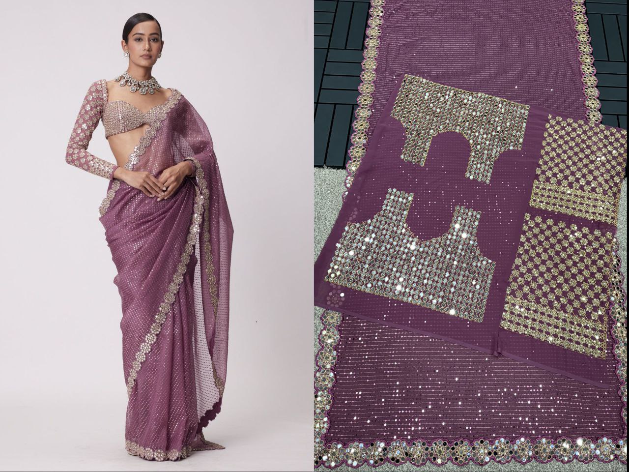 Heavy Faux Georgette Saree with Sequin Work, Mirror Lace Border & Embroidered Blouse