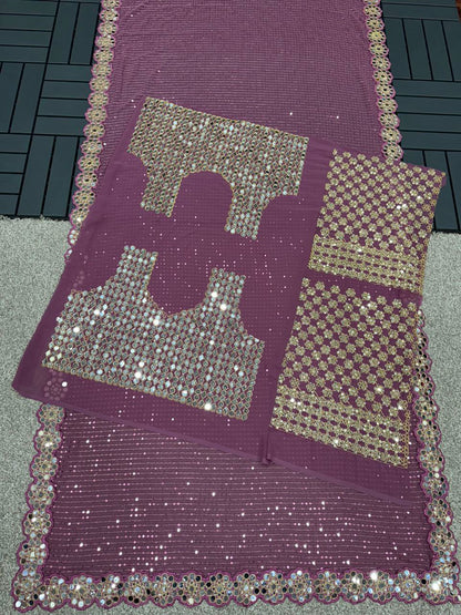 Heavy Faux Georgette Saree with Sequin Work, Mirror Lace Border & Embroidered Blouse