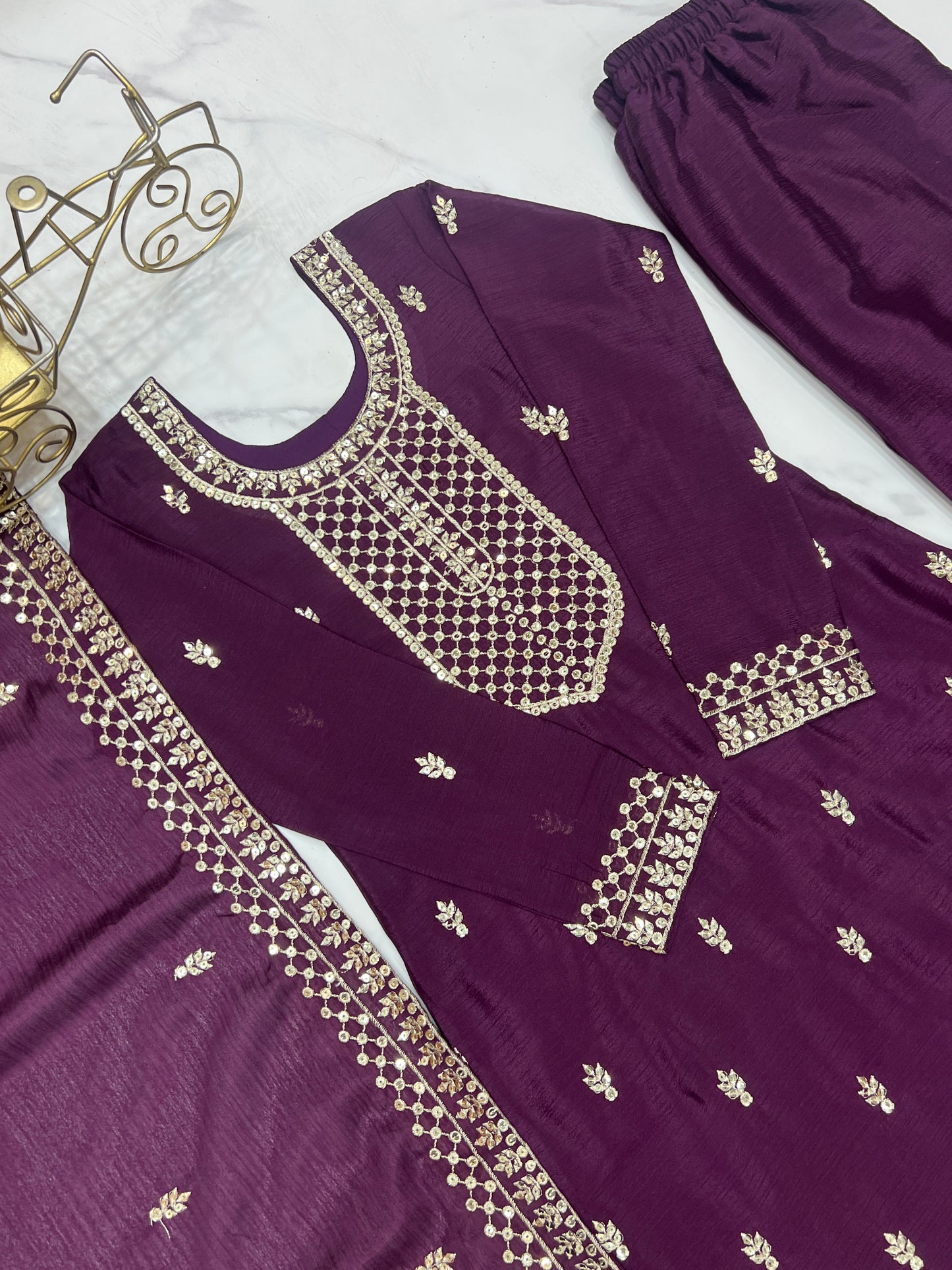 BEAUTIFUL PURE CHINON SILK FABRIC STRAIGHT FIT KURTA WITH DUPPTA SET, TROUSERS, READY TO WEAR