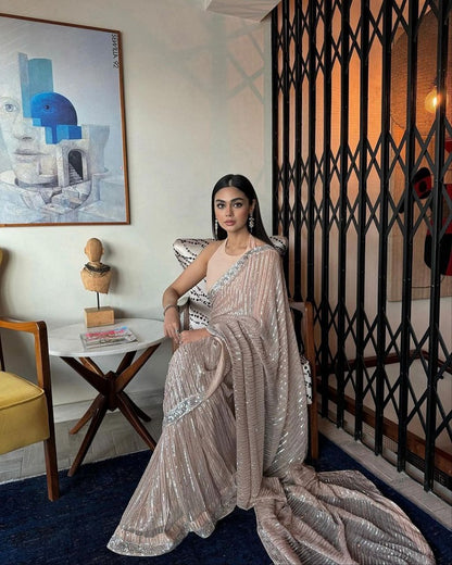 Beige Party Wear Full Sequence Work Saree with Blouse Indian Function Wear Bollywood Saree