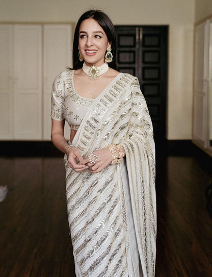 White Designer party wear bollywood indian style wedding wear fancy sequence work saree for women