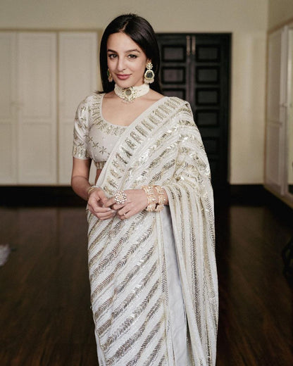 White Designer party wear bollywood indian style wedding wear fancy sequence work saree for women