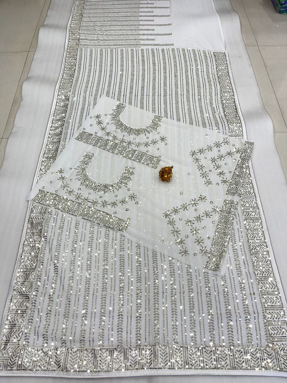 White Designer party wear bollywood indian style wedding wear fancy sequence work saree for women