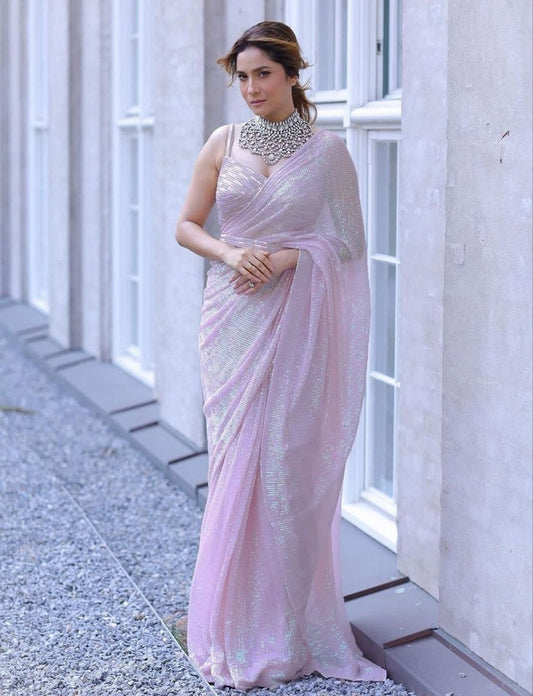 Baby Pink Ankita Lokhande Style Pink Rainbow Sequence Work Saree with Blouse Indian Function Wear Saree