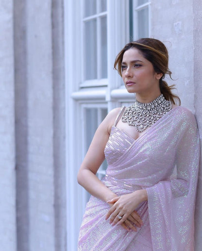 Baby Pink Ankita Lokhande Style Pink Rainbow Sequence Work Saree with Blouse Indian Function Wear Saree