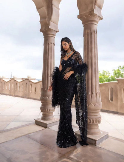 Black Indian Wedding Saree Sequence Work Heavy Mono Silk Blouse Saree Heavy Party Wear Saree For Women