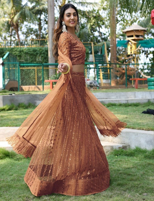 Brown Indian Wedding Soft Net Bollywood Sequins Lehenga Choli With Beautiful Zalar Attached Dupatta and Blouse