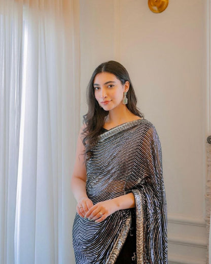 Black Color Faux Georgette Sequence Embroidery Work Designer  Beautiful Saree, Stunning Look Saree Sabyasachi Style Party Wear Saree With Mono Banglori Silk Blouse