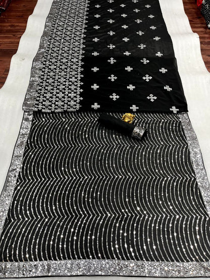 Black Color Faux Georgette Sequence Embroidery Work Designer  Beautiful Saree, Stunning Look Saree Sabyasachi Style Party Wear Saree With Mono Banglori Silk Blouse