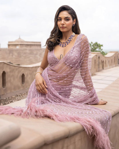 Pink Premium Mono Net Embroidery Saree  With Dual Shade 5 MM Sequence Work  For Women, Saree Blouse, Party Wear Saree.