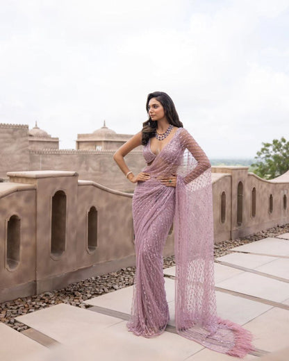 Pink Premium Mono Net Embroidery Saree  With Dual Shade 5 MM Sequence Work  For Women, Saree Blouse, Party Wear Saree.