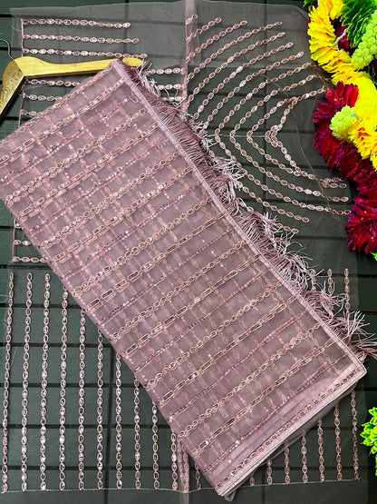 Pink Premium Mono Net Embroidery Saree  With Dual Shade 5 MM Sequence Work  For Women, Saree Blouse, Party Wear Saree.