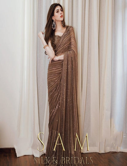 Brown Indian Wedding Saree Sequence Work Heavy Mono Silk Blouse Saree Heavy Saree For Women
