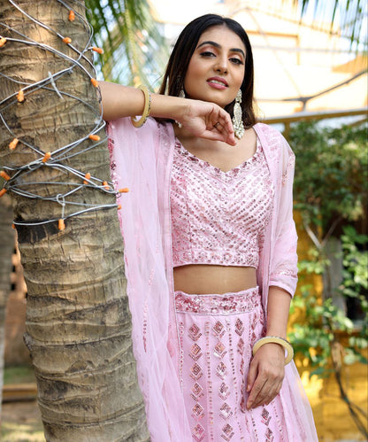 Baby Pink Indian Wedding Soft Net Bollywood Sequins Lehenga Choli With Beautiful Zalar Attached Dupatta and Blouse