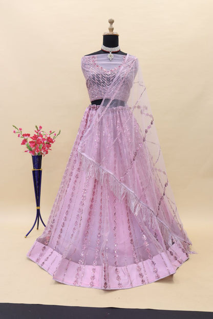 Baby Pink Indian Wedding Soft Net Bollywood Sequins Lehenga Choli With Beautiful Zalar Attached Dupatta and Blouse