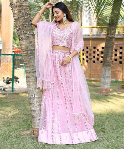 Baby Pink Indian Wedding Soft Net Bollywood Sequins Lehenga Choli With Beautiful Zalar Attached Dupatta and Blouse